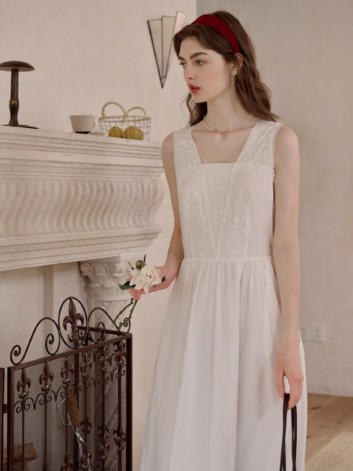 May Square Neck Embroidery 100% Cotton Sleeveless Dress