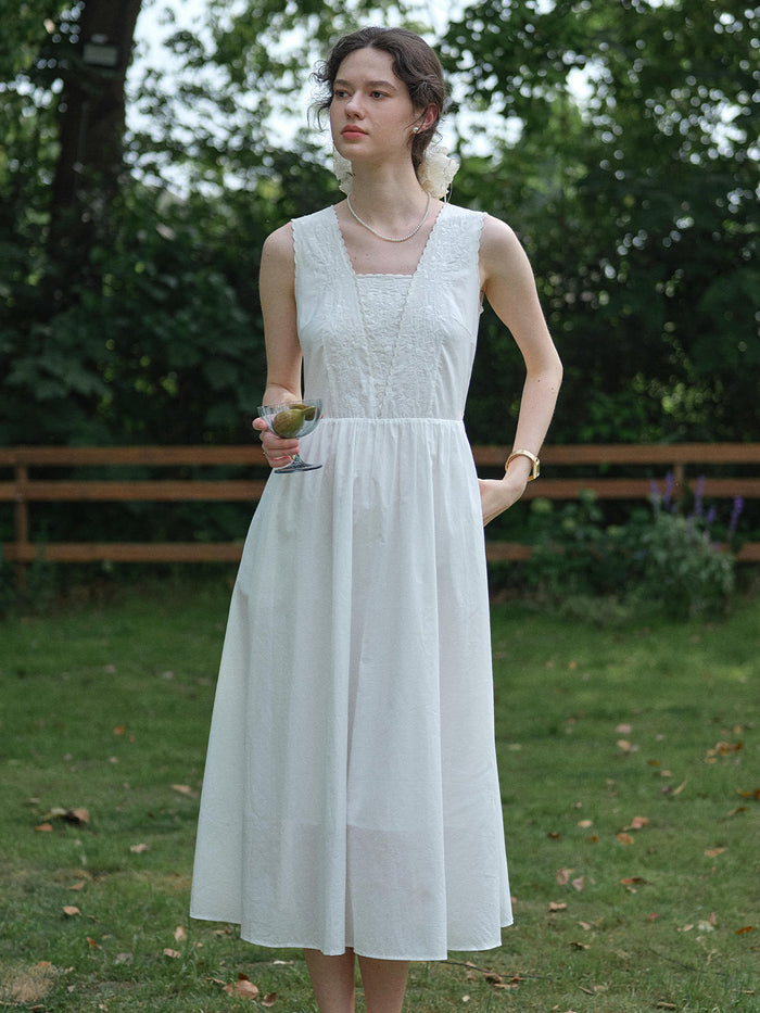 May Square Neck Embroidery 100% Cotton Sleeveless Dress