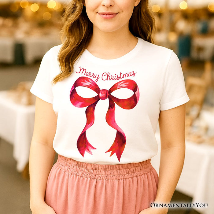 Merry Christmas Red Coquette Bow T‑Shirt, Minimalist Holiday Ribbon Tee for Festive Season T-Shirts OrnamentallyYou
