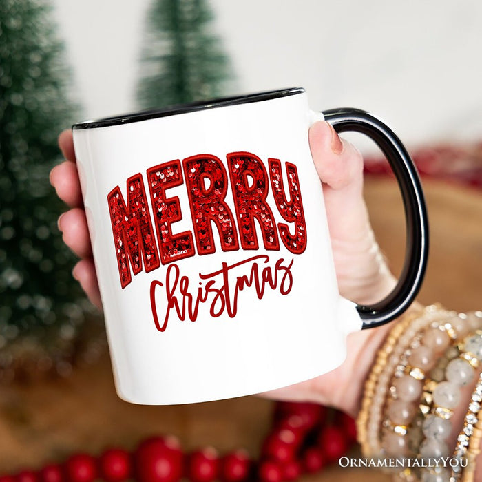 Merry Christmas Sequin Personalized Mug, Bold Red Glitter Custom Gift for Festive Holiday Season Personalized Ceramic Mug OrnamentallyYou