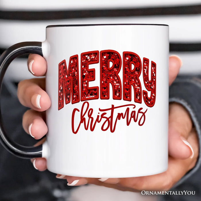 Merry Christmas Sequin Personalized Mug, Bold Red Glitter Custom Gift for Festive Holiday Season Personalized Ceramic Mug OrnamentallyYou