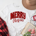 Merry Christmas Sequin T‑Shirt, Bold Red Glitter Tee for Festive Holiday Season T-Shirts OrnamentallyYou White XS