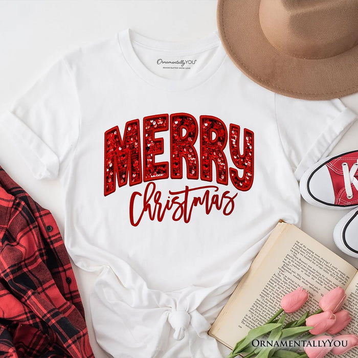 Merry Christmas Sequin T‑Shirt, Bold Red Glitter Tee for Festive Holiday Season T-Shirts OrnamentallyYou White XS