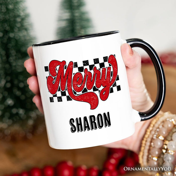 Merry Retro Personalized Mug, Christmas Checkered Gift with Custom Name Personalized Ceramic Mug OrnamentallyYou