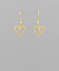 Gold metal heart drop earrings with fish hook closure displayed on a neutral background from The Pink Doxie Boutique.