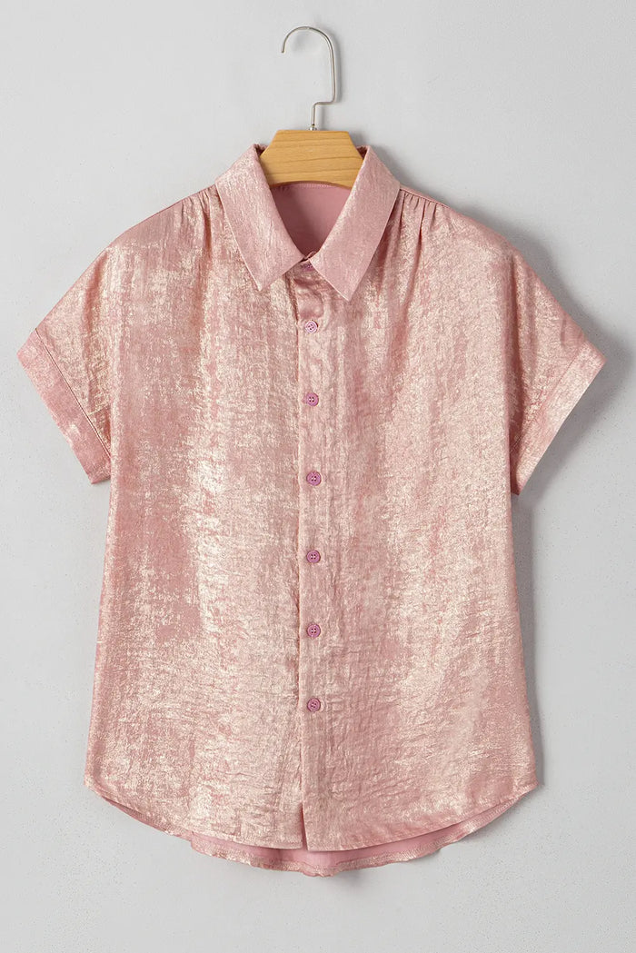 Metallic Buttoned Loose Fit Short Sleeve Shirt