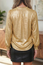 Metallic Sheen V Neck Gathered Cuff Long Sleeve Blouse – Gold