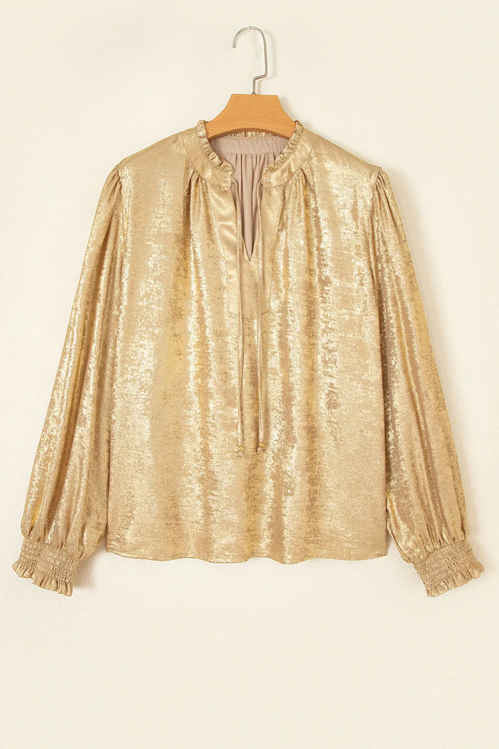 Metallic Sheen V Neck Gathered Cuff Long Sleeve Blouse – Gold