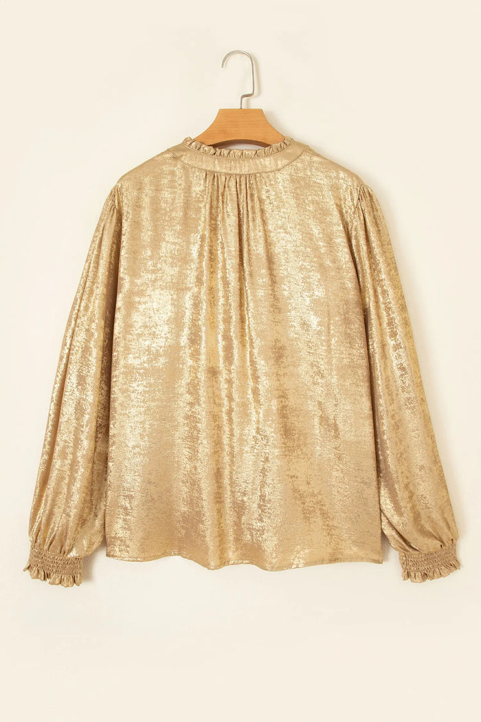 Metallic Sheen V Neck Gathered Cuff Long Sleeve Blouse – Gold
