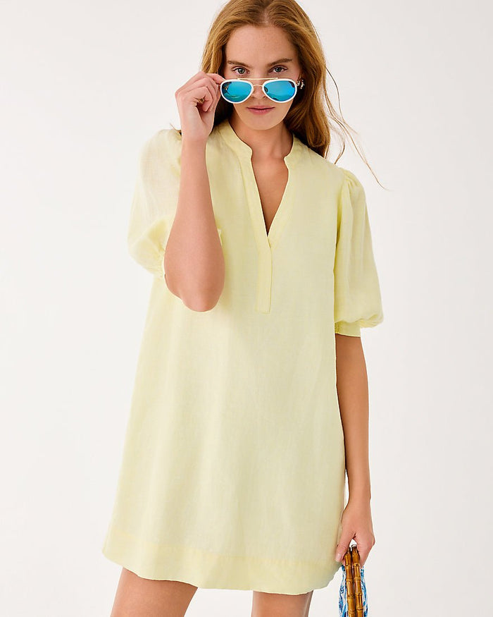 Lilly Pulitzer - Mialeigh Elbow Sleeve Linen Dress - Limoncello X Resort White