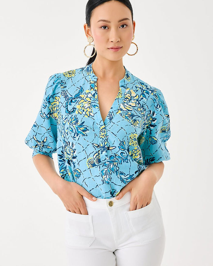 Lilly Pulitzer - Mialeigh Elbow Sleeve Linen Top - Bellevue Blue Breakers Beach
