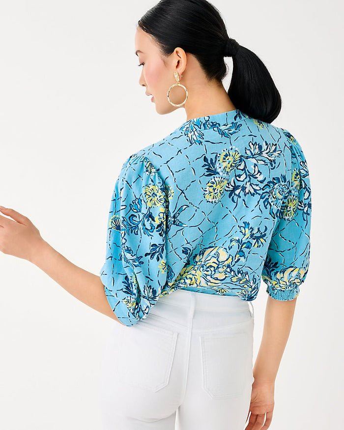 Lilly Pulitzer - Mialeigh Elbow Sleeve Linen Top - Bellevue Blue Breakers Beach