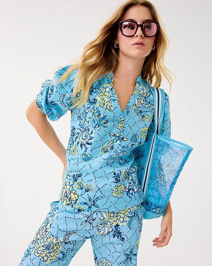 Lilly Pulitzer - Mialeigh Elbow Sleeve Linen Top - Bellevue Blue Breakers Beach