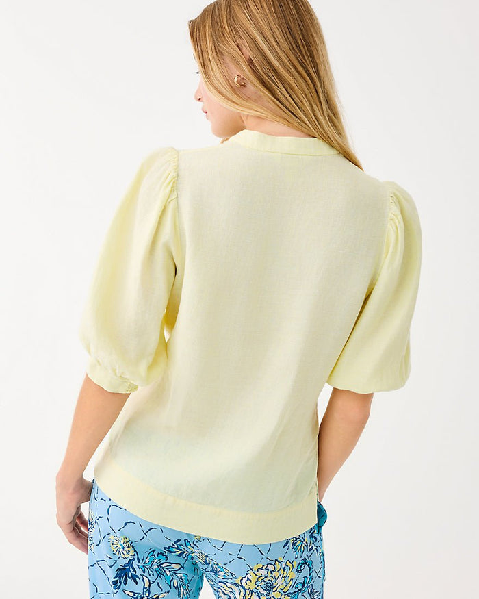 Lilly Pulitzer - Mialeigh Elbow Sleeve Linen Top - Limoncello X Resort White