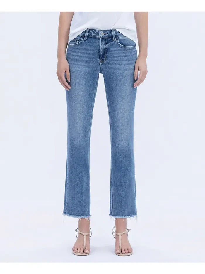 Mid Rise Medium Wash Raw Hem Crop Straight Jeans