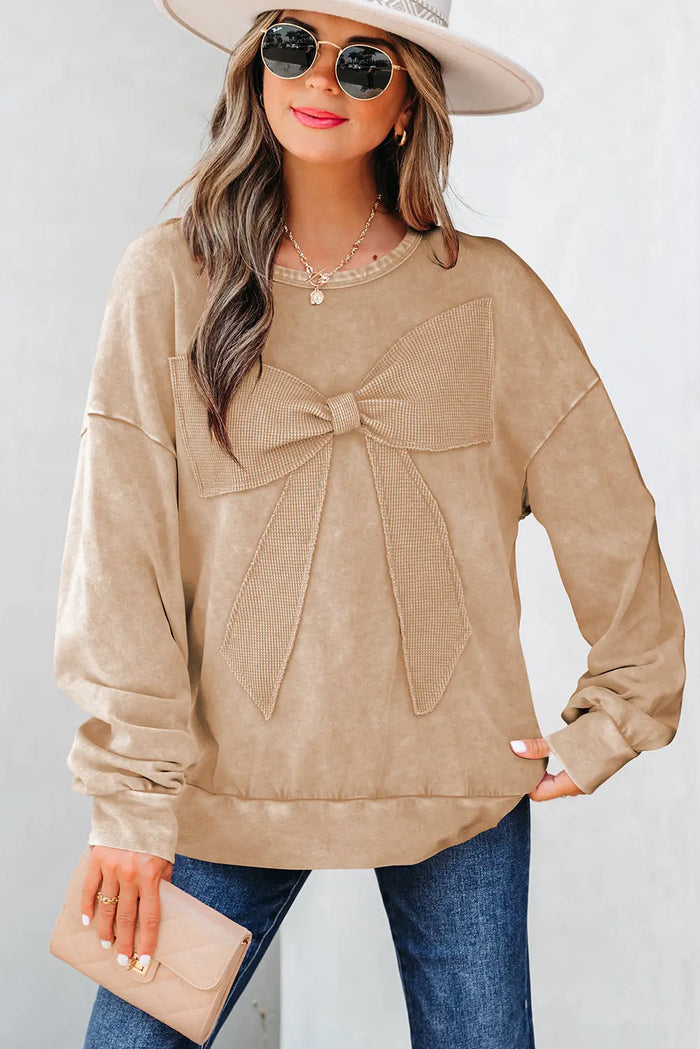 Mineral Wash Big Bow Patchwork Pullover Sweatshirt - Beige / S - Tops/Sweatshirts & Hoodies