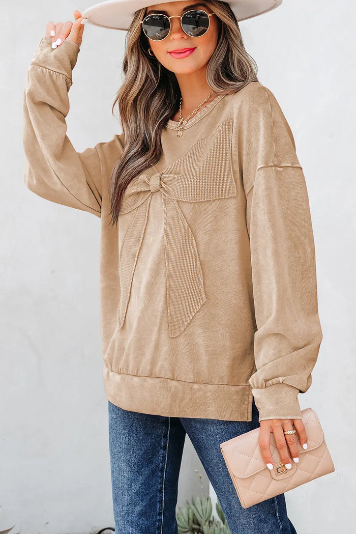 Mineral Wash Big Bow Patchwork Pullover Sweatshirt - Tops/Sweatshirts & Hoodies