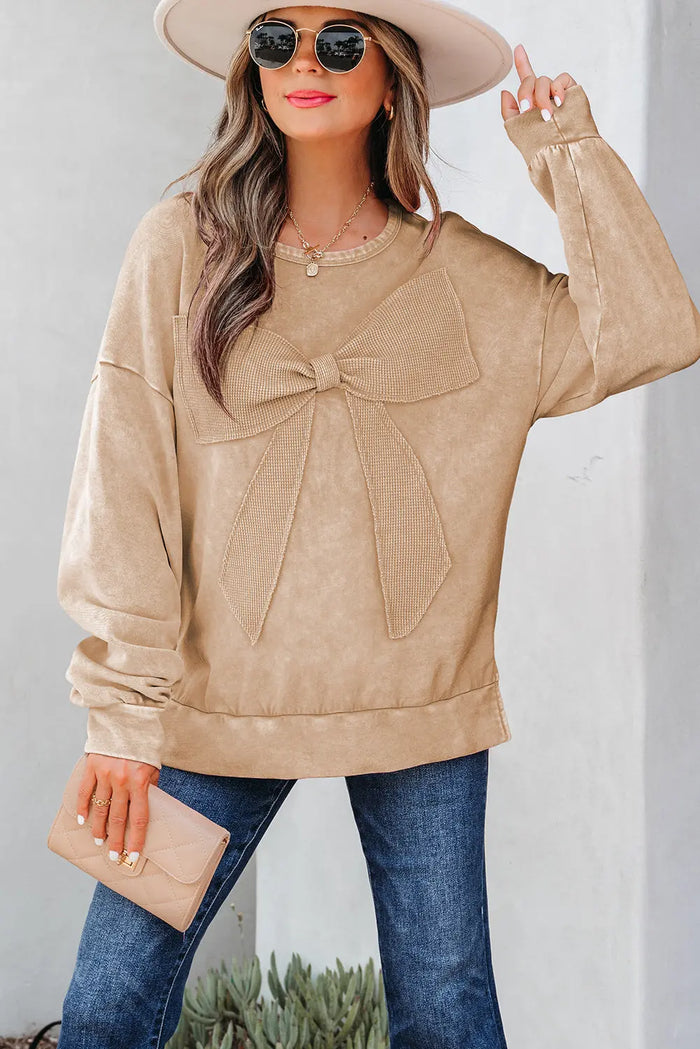 Mineral Wash Big Bow Patchwork Pullover Sweatshirt - Tops/Sweatshirts & Hoodies