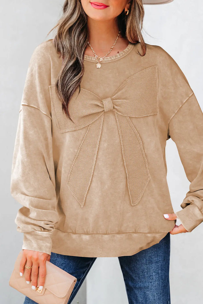 Mineral Wash Big Bow Patchwork Pullover Sweatshirt - Tops/Sweatshirts & Hoodies