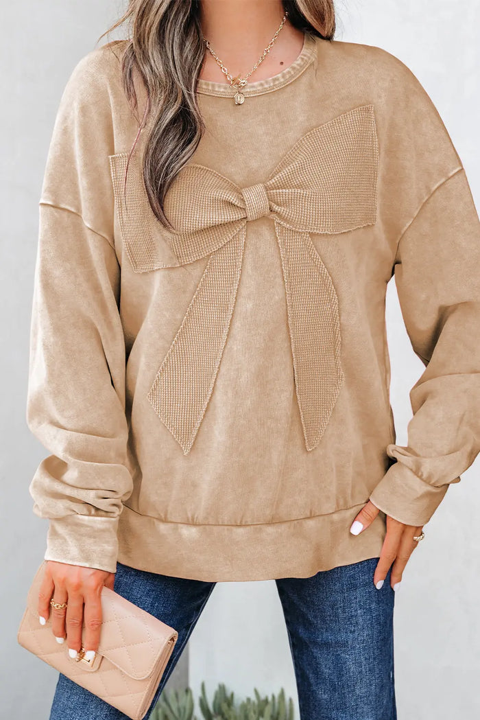 Mineral Wash Big Bow Patchwork Pullover Sweatshirt - Tops/Sweatshirts & Hoodies
