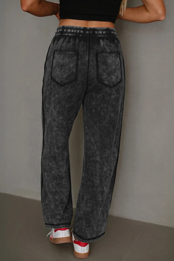 Mineral Wash Raw Seam Drawstring Elastic Waist Barrel Pants – Black