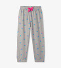 Hatley girls gray relaxed joggers with pink drawcord and turquoise-pink mini rainbow print, front view
