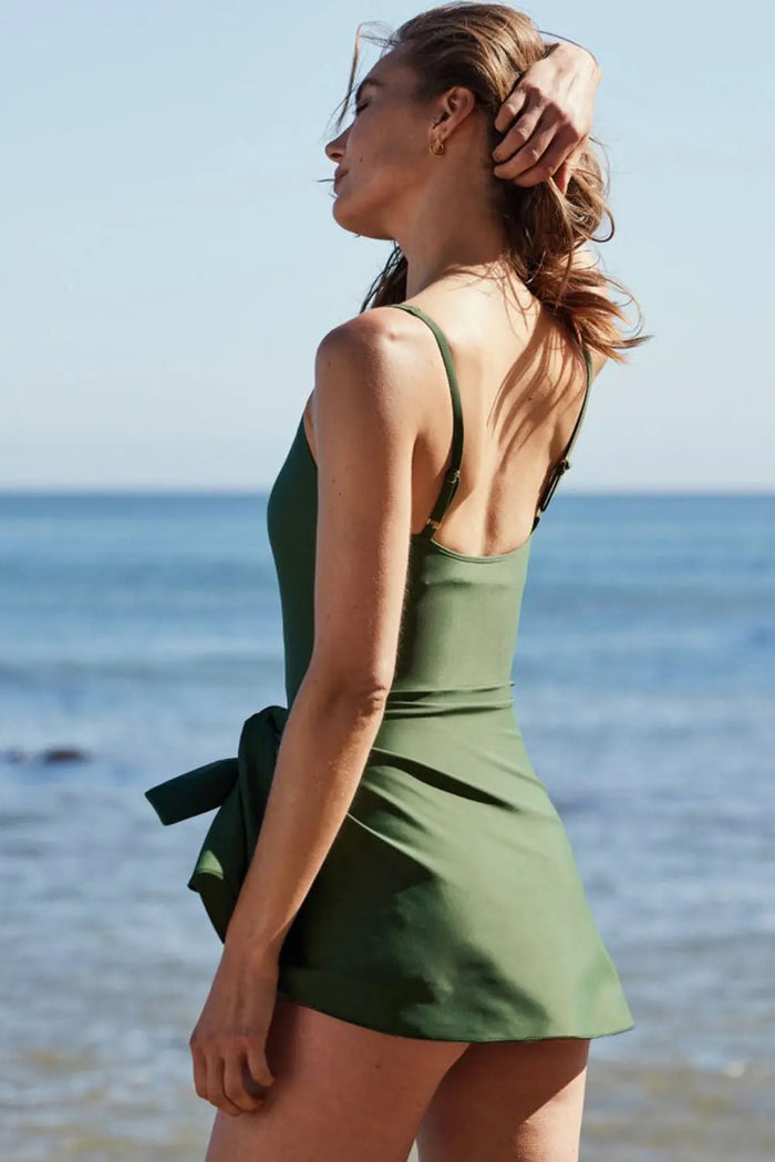 Mist Green Side Tied Waist Square Neck Adjustable Straps A-line One Piece Swim Dress - Swimwear/Swim Dresses