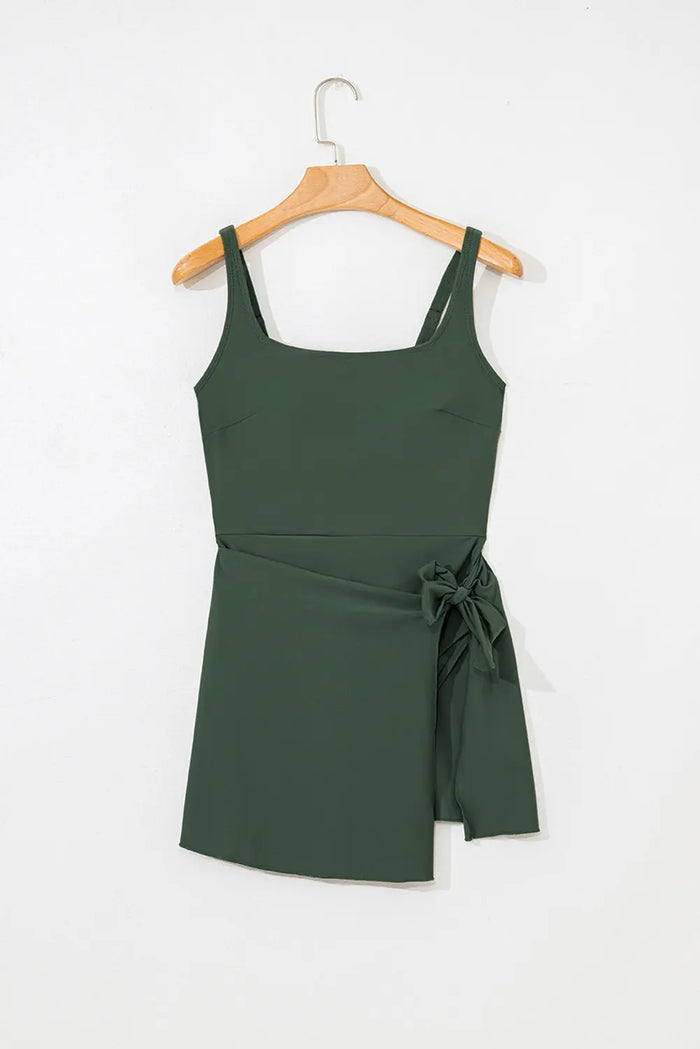 Mist Green Side Tied Waist Square Neck Adjustable Straps A-line One Piece Swim Dress - Swimwear/Swim Dresses