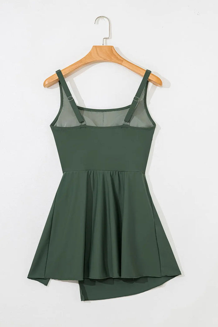 Mist Green Side Tied Waist Square Neck Adjustable Straps A-line One Piece Swim Dress - Swimwear/Swim Dresses