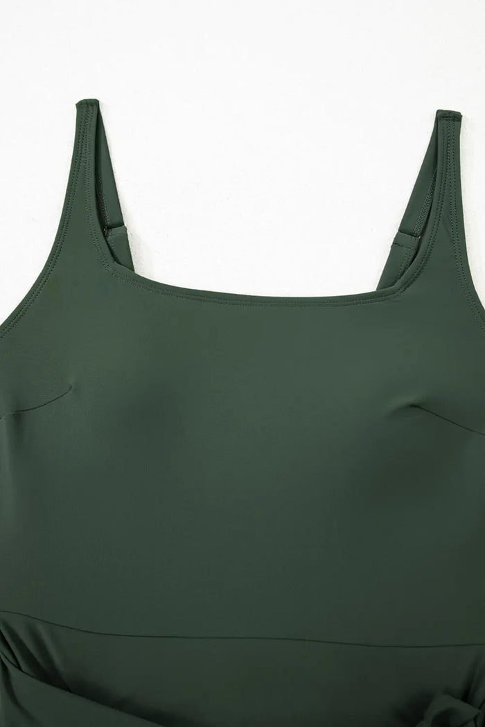 Mist Green Side Tied Waist Square Neck Adjustable Straps A-line One Piece Swim Dress - Swimwear/Swim Dresses