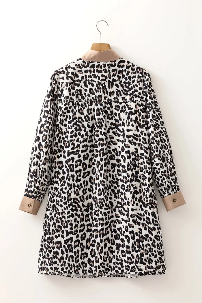 Button Striped Collar Leopard Print Long Sleeve Flared Dress - Dresses/Mini Dresses