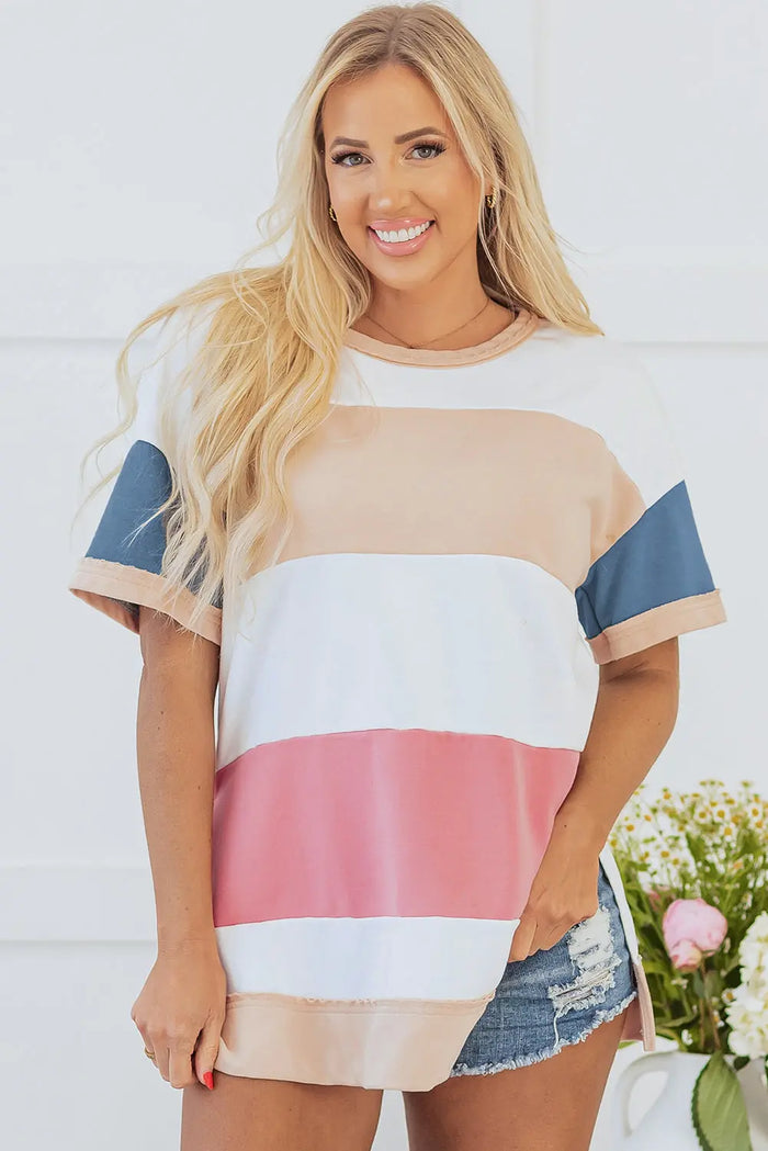 Multicolour Colourblock Patchwork Side Split Tunic T Shirt - S / 65% Polyester + 35% Cotton - Tops/Tops & Tees