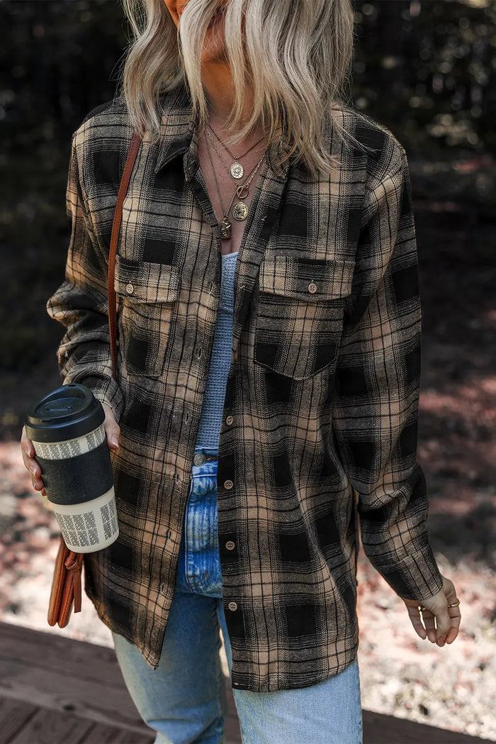 Multicolour Retro Plaid Double Flap Pocket Brushed Shacket - S / 62.7% Polyester + 37.3% Cotton - Outerwear/Jackets