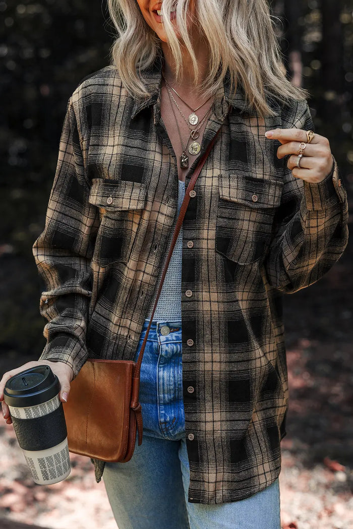 Multicolour Retro Plaid Double Flap Pocket Brushed Shacket - Outerwear/Jackets