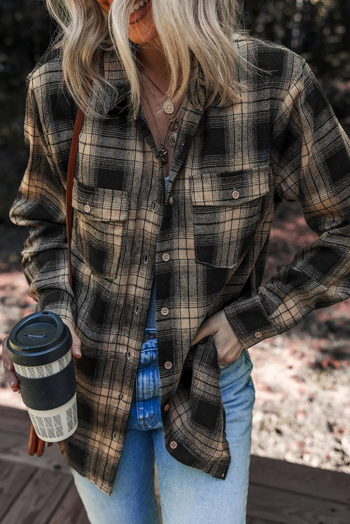 Multicolour Retro Plaid Double Flap Pocket Brushed Shacket - Outerwear/Jackets