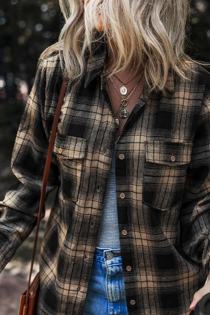 Multicolour Retro Plaid Double Flap Pocket Brushed Shacket - Outerwear/Jackets