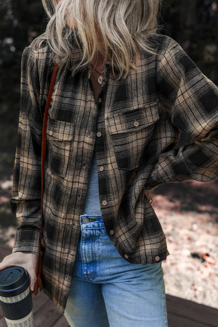 Multicolour Retro Plaid Double Flap Pocket Brushed Shacket - Outerwear/Jackets