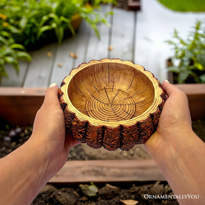 Nature's Basin Tree Bark Themed Bowl, 6" Resin Woodlandbasin Bird Bath Decor Resin Statues OrnamentallyYou