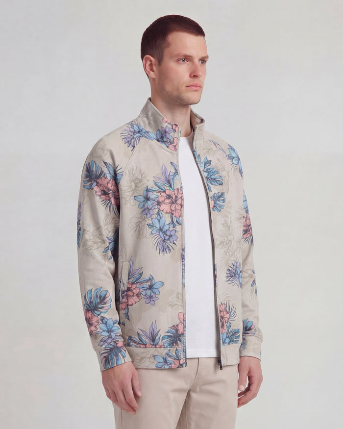 NEVILLE EXOTIC FLORAL NEUTRAL MENS PRINTED ZIP JACKET