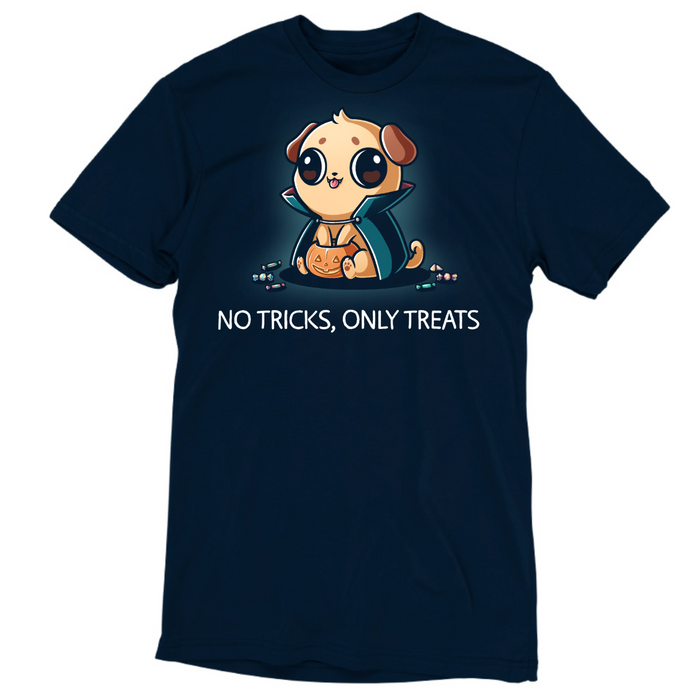 Premium Cotton T-shirt_TeeTurtle navy No Tricks, Only Treats Premium Cotton T-shirt featuring a pug wearing a superhero cape while carrying a bucket of Halloween candy beneath the phrase "No Tricks, Only Treats."