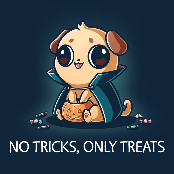 Classic Cotton T-shirt_TeeTurtle navy No Tricks, Only Treats Classic Cotton T-shirt featuring a pug wearing a superhero cape while carrying a bucket of Halloween candy beneath the phrase "No Tricks, Only Treats."