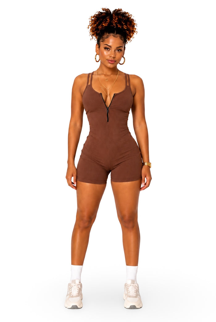 On a Daily - Stretchy Spaghetti Strap Zip Up Romper