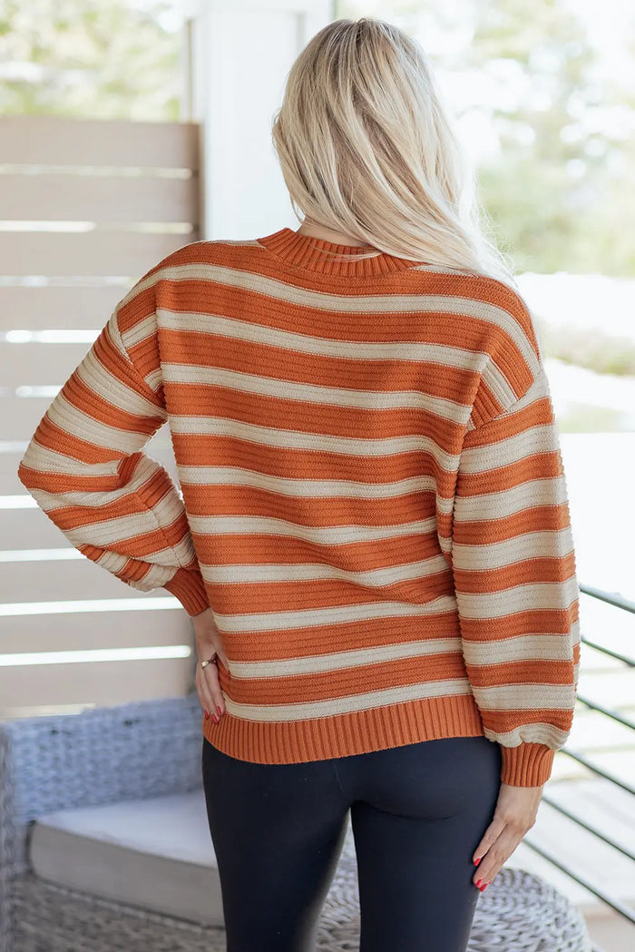 Orange Stripe Ribbed Trim Drop Shoulder Sweater - Sweaters & Cardigans/Sweaters