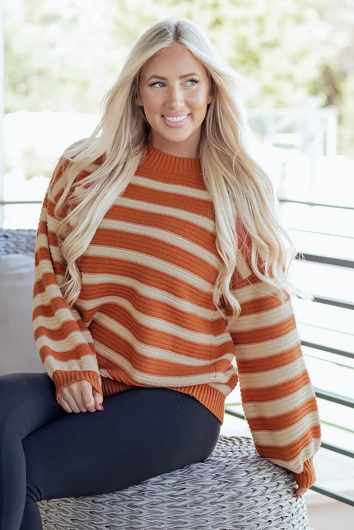 Orange Stripe Ribbed Trim Drop Shoulder Sweater - Sweaters & Cardigans/Sweaters