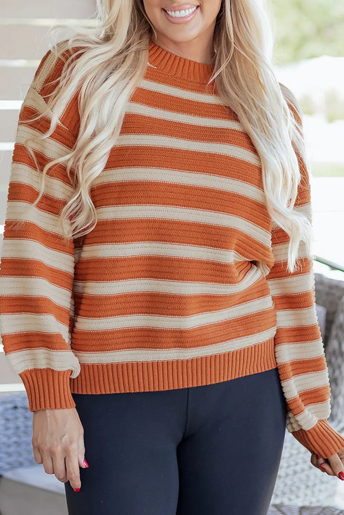 Orange Stripe Ribbed Trim Drop Shoulder Sweater - Sweaters & Cardigans/Sweaters