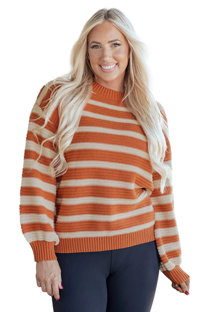 Orange Stripe Ribbed Trim Drop Shoulder Sweater - Sweaters & Cardigans/Sweaters