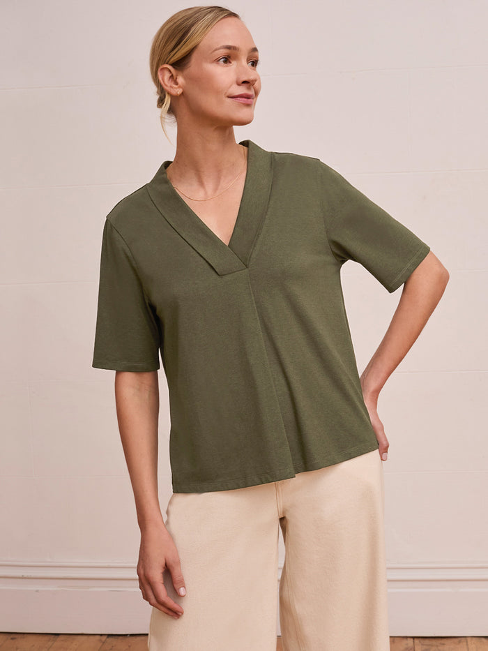 Organic Cotton Blend Shawl Neck Swing T Shirt