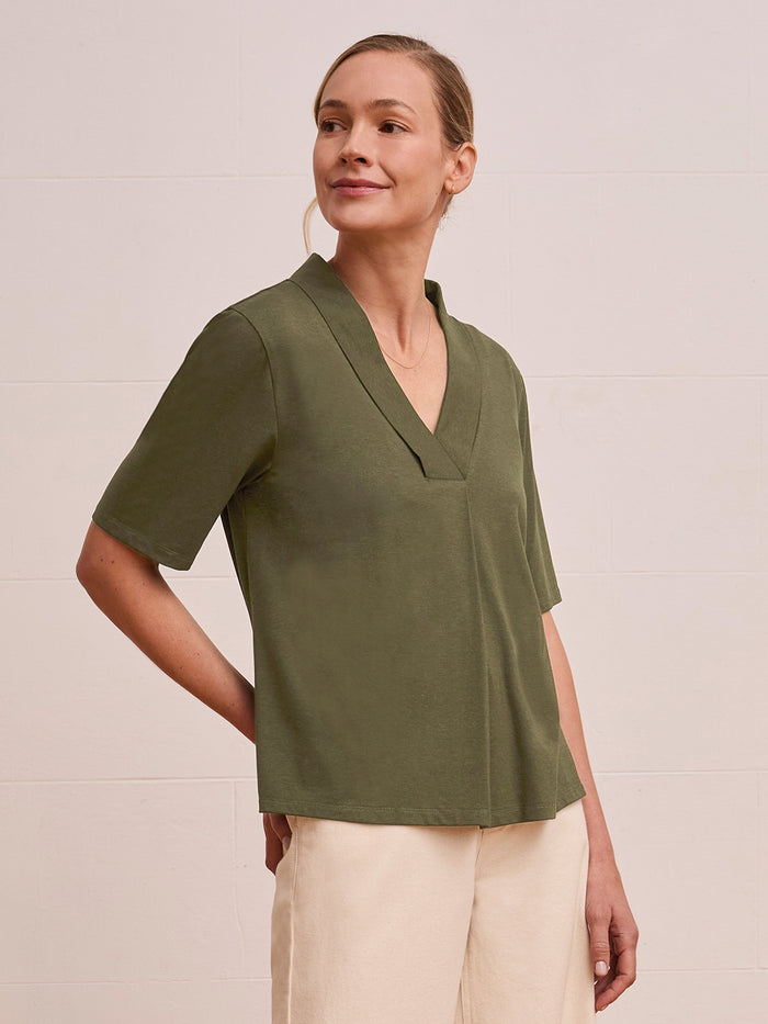 Organic Cotton Blend Shawl Neck Swing T Shirt