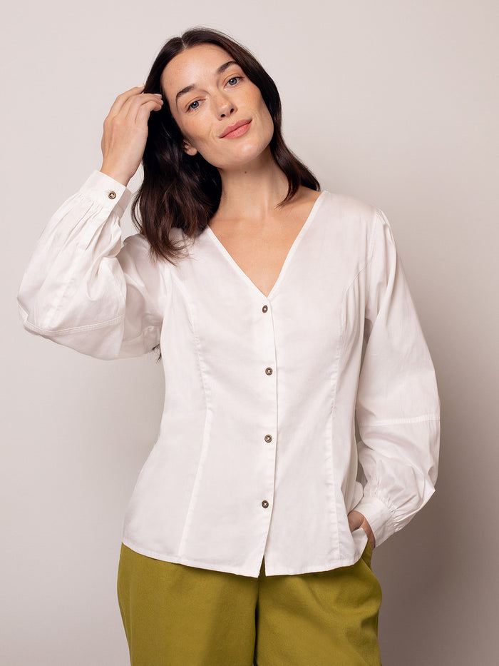 Organic Cotton Blend V Neck Button Through Blouse