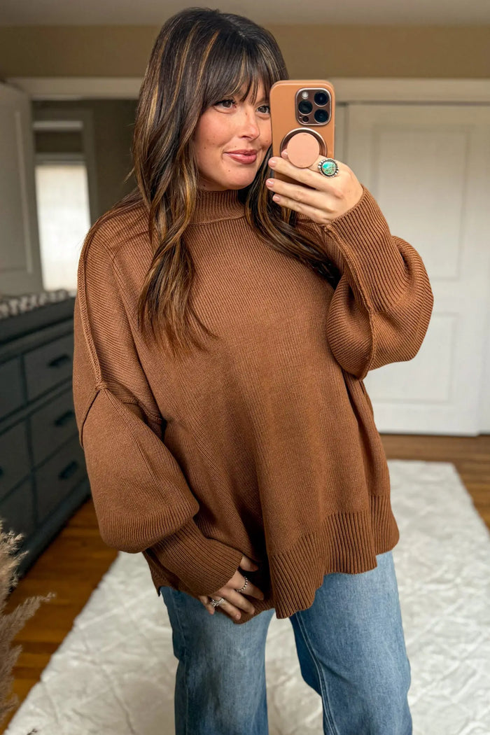 Oversized Ribbed Knit Long Sleeve Tunic Plus Size Sweater – Chestnut